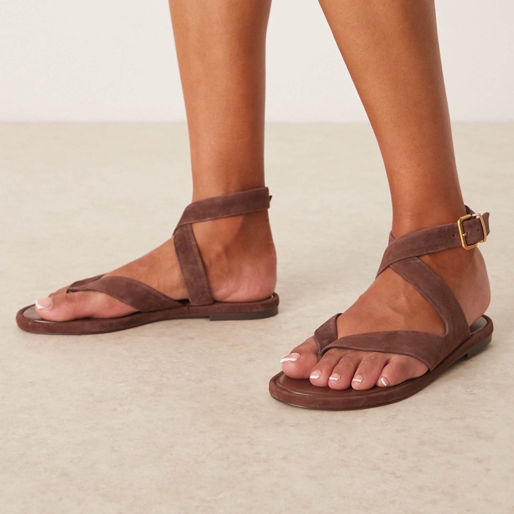 Mango Suede Straps Sandals Chocolate Brown Leather Flat Ankle Buckle Sz 40 9 US